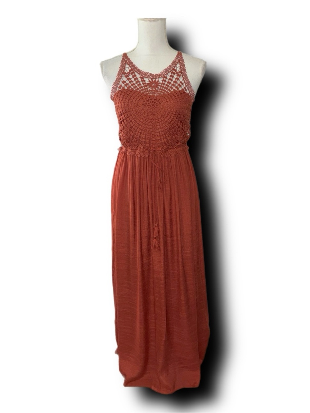 Rebellion Again Boho Crochet Bodice Maxi Dress in Rust Hippie Festival Vibes